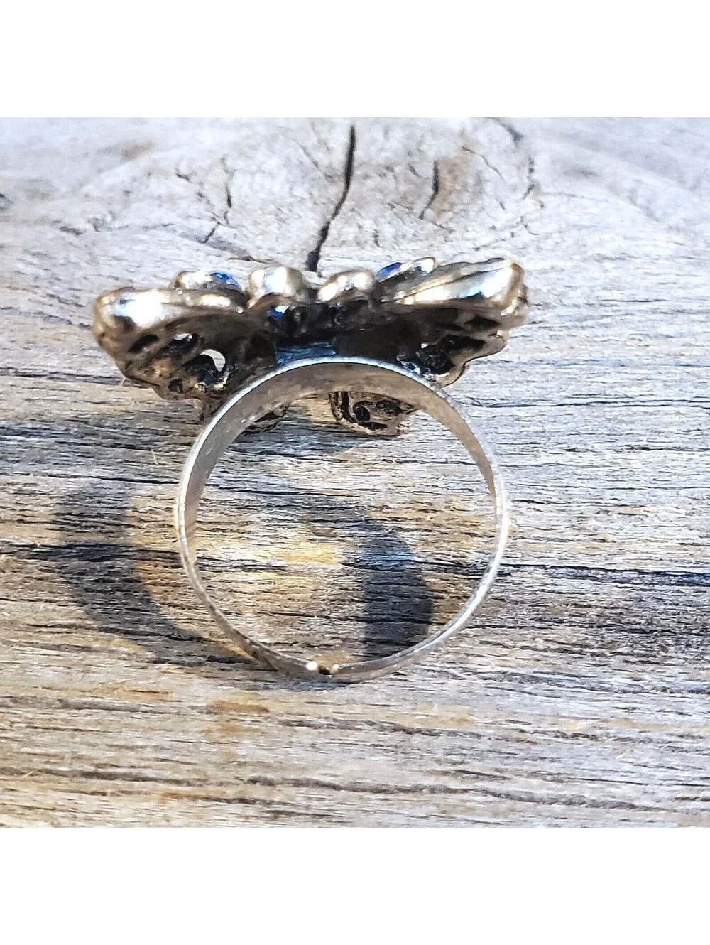 Vintage Y2K 90s Blue Crystal Butterfly Silver Adjustable Cocktail Ring